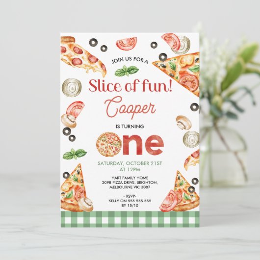 Moderne groene pizza plakken van plezier 1e verjaa kaart (Staand voorkant)