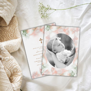 Moderne Groene Roze Agaat Foto Gouden Kruis Doop Kaart