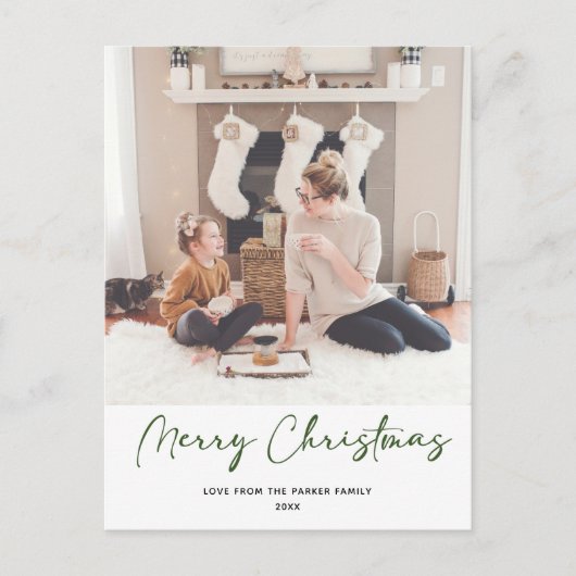 Moderne groene scriptfoto minimalistisch kerstfees feestdagenkaart (Voorkant)