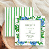 Moderne groene strepen blauwe hortensia's bruiloft kaart