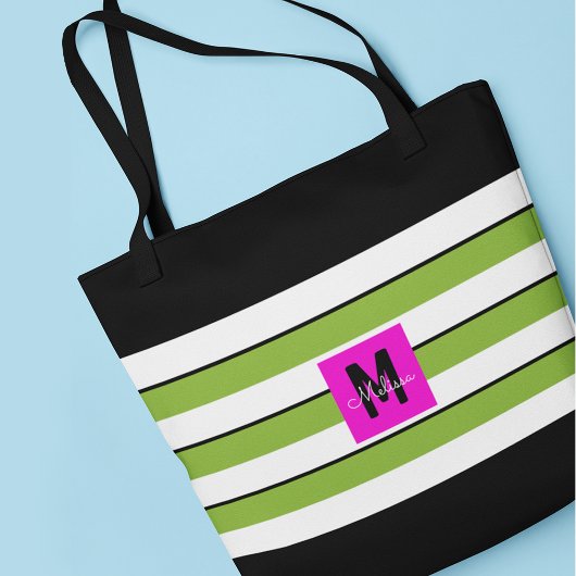 Moderne groene strepen monogram draagtas