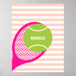 Moderne Groene Tennisbal Roze Naam Poster