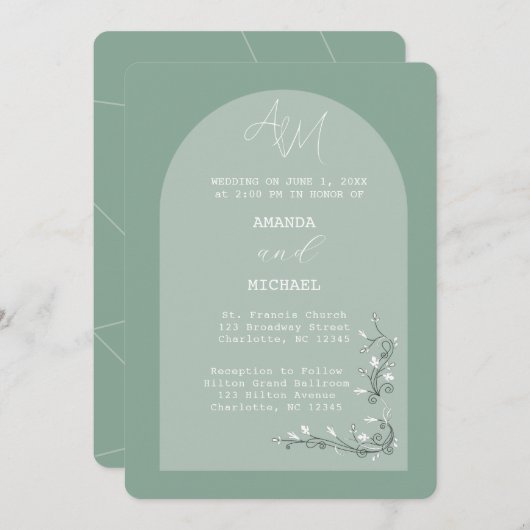 Moderne groene tinten boog bruiloft uitnodiging (Voorkant / Achterkant)