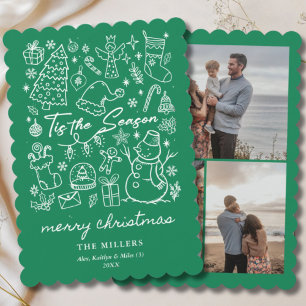 Moderne groene Tis the Season Kerst Doodle Feestdagenkaart