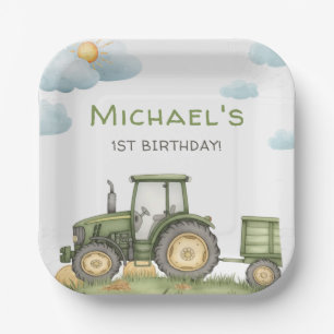 Moderne groene tractor 1e verjaardagsfeestje papieren bordje