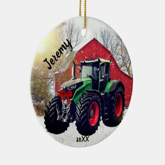 Moderne groene tractor "Kerstmis 20XX" Keramisch Ornament (Rechts)