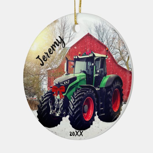  Moderne groene tractor "Kerstmis 20XX" Keramisch Ornament (Links)