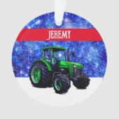 Moderne groene trekker op blauw ornament (voorkant)