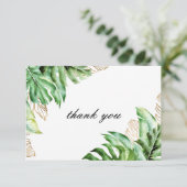 Moderne groene tropische waterverf vertrekt bruilo bedankkaart (Staand voorkant)