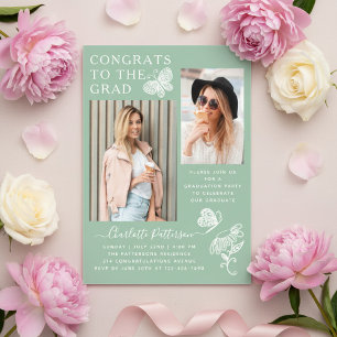 Moderne Groene Vlinder Foto Afstudeerfeestje Acryl Uitnodigingen