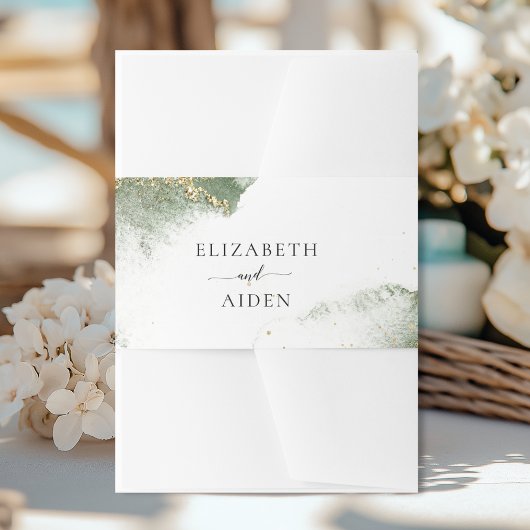 Moderne groene Waterverf (imitatie) bruiloft Uitnodigingen Wikkel