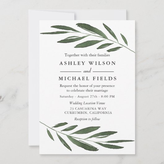 Moderne groene Waterverf lef Wedding Kaart (Voorkant)