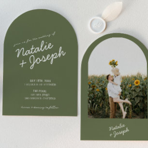 Moderne Groene Whimsical Zomer Foto Bruiloft Gebog Kaart