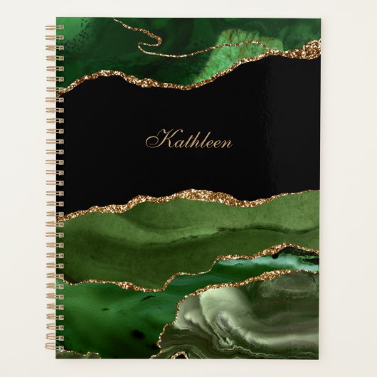 Moderne Groene Zwart & Gouden Agaat Personaliseren Planner (Voorkant)