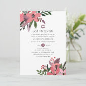 Moderne Grootheid Pruim en Roze Bloemige Bat Mitzv Kaart (Staand voorkant)