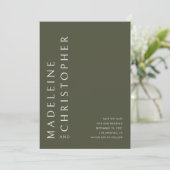 Moderne Grote Namen Olijfgroen Foto Bruiloft Save The Date (Staand voorkant)