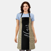 Moderne haarsalon zwarte goudvrouwen schort (Gedragen)