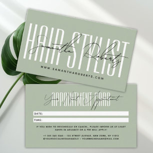 Moderne haarstylist script typografie salie groen afsprakenkaartje