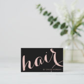 Moderne haarstylist script zwart en roos goud visitekaartje (Staand voorkant)