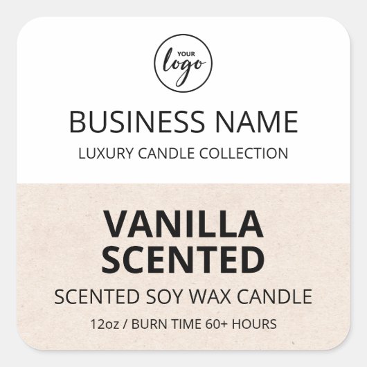 Moderne halfbeige witte vormgeving Soy Candle Labe Vierkante Sticker (Voorkant)