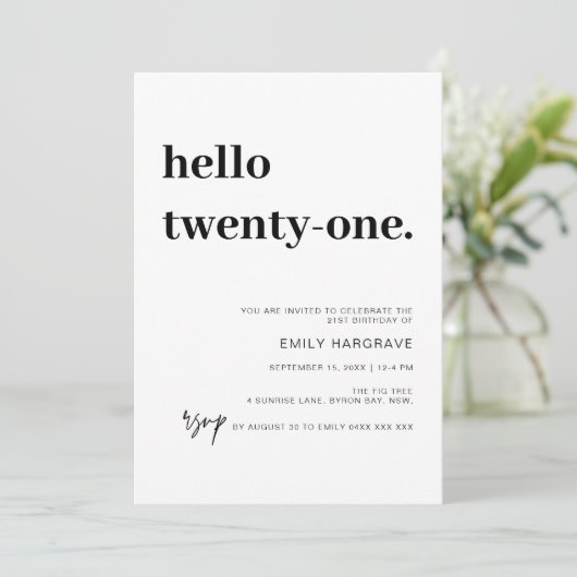 Moderne Hallo 21e uitnodiging van de Birthday Part (Staand voorkant)