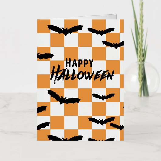 Moderne Halloween Spooky Bats Sinaasappel Checkerb Folie Wenskaart (Voorkant)