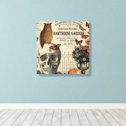 Moderne  halloween-uil en schedel canvas afdruk (Insitu (Houten vloer))