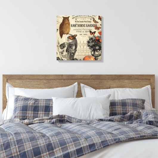 Moderne  halloween-uil en schedel canvas afdruk (Insitu (Slaapkamer))