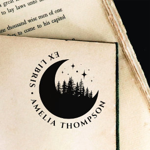 Moderne Halve Maan Bomen & Sterren Rond Ex Libris Zelfinktende Stempel