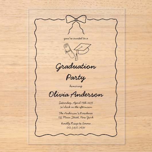 Moderne Hand-Drawn Bow & Squiggle Afstudeerfeest Acryl Uitnodigingen (Voorkant)
