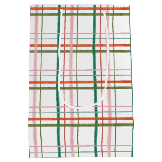 Moderne Hand getekend Roze, Rood, Groen Plaid Medium Cadeauzakje (Achterkant)
