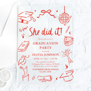 Moderne Hand Getekend Ze heeft het gedaan Afstudee Acryl Uitnodigingen