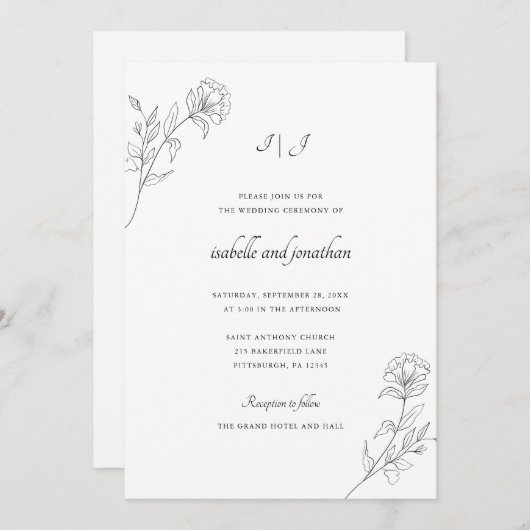 Moderne Hand Getrokken Bloemen Huwelijk Kaart (Voorkant / Achterkant)