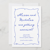 Moderne Hand getrokken Helder Blauw Monogram Bruil Save The Date (Voorkant)