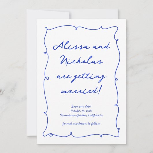 Moderne Hand getrokken Helder Blauw Monogram Bruil Save The Date (Voorkant)
