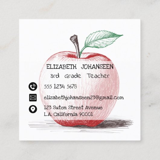 Moderne Hand Getrokken Rode Appel Leraar Privé Tut Vierkante Visitekaartje (Achterkant)