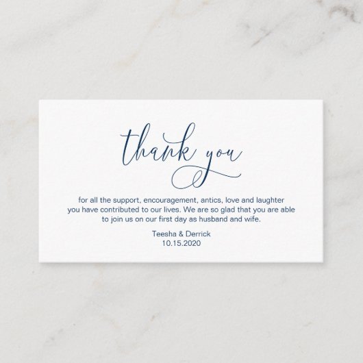 Moderne hand Navy Blue inktscript Wedding Bedankt Informatiekaartje (Voorkant)