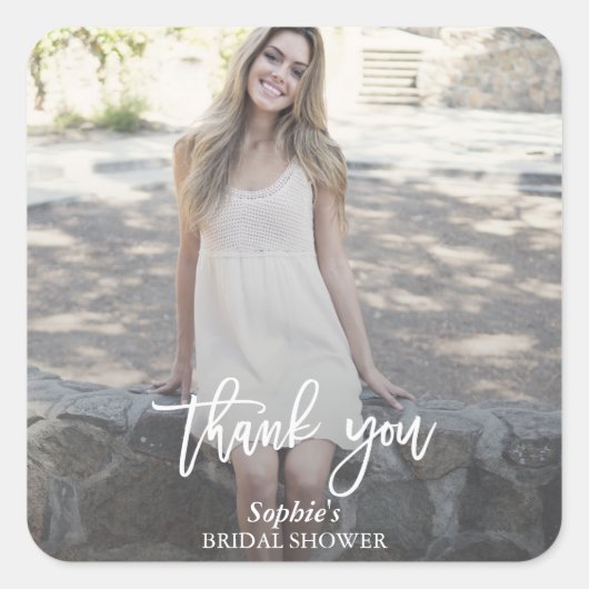 Moderne handgeschreven aangepaste foto bruidsfeest vierkante sticker (Voorkant)