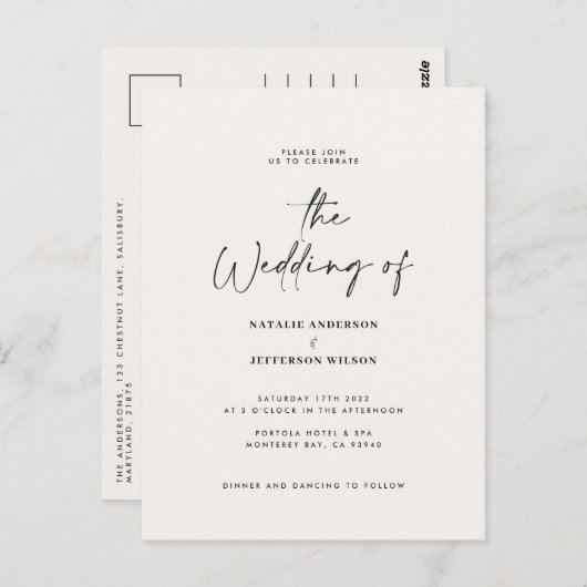 Moderne, handgeschreven budgetbruiloft briefkaart (Voorkant / Achterkant)