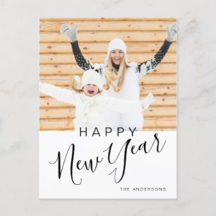 Moderne handgeschreven gelukkig nieuwjaar foto feestdagenkaart