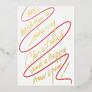 Moderne handgeschreven rode en gouden script ontwe folie feestdagenkaart