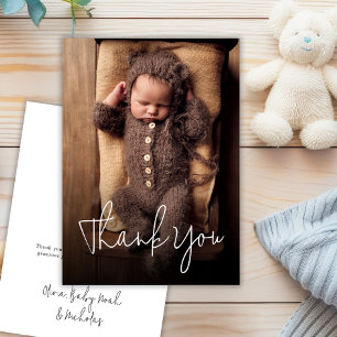 Moderne handgeschreven script baby shower foto bedankkaart