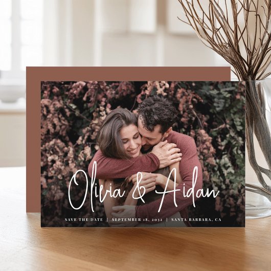 Moderne handgeschreven script foto bruiloft save the date
