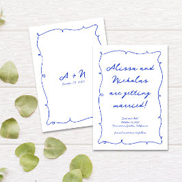 Moderne Handgetekende Felblauwe Monogram Huwelijk Save The Date