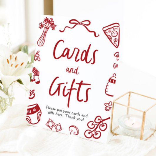 Moderne handgetekende Italiaanse pizza Kaarten en  Reclamebord Met Voetstuk