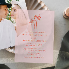 Moderne handgetekende palmbomen Roze bruiloft Vellum Uitnodigingen