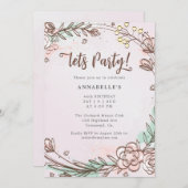 Moderne, handgetekende, Patel roze bloem uitnodigi (Voorkant / Achterkant)