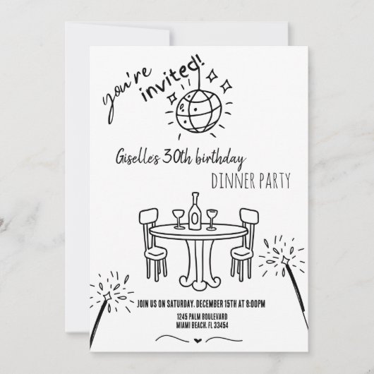 Moderne handgetekende verjaardags dinerfeest uitno kaart (Voorkant)