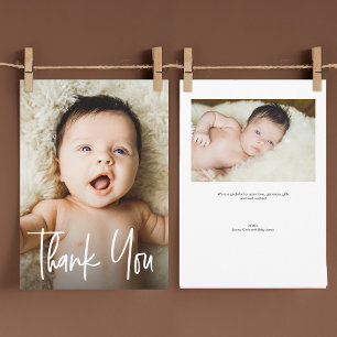 Moderne handlettering op maat 2 foto's baby shower bedankkaart