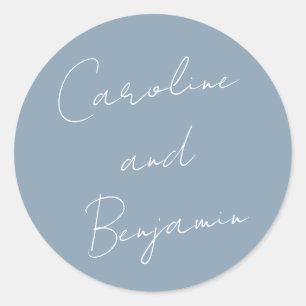 Moderne handschrift robuuste blauwe bruiloft ronde sticker
